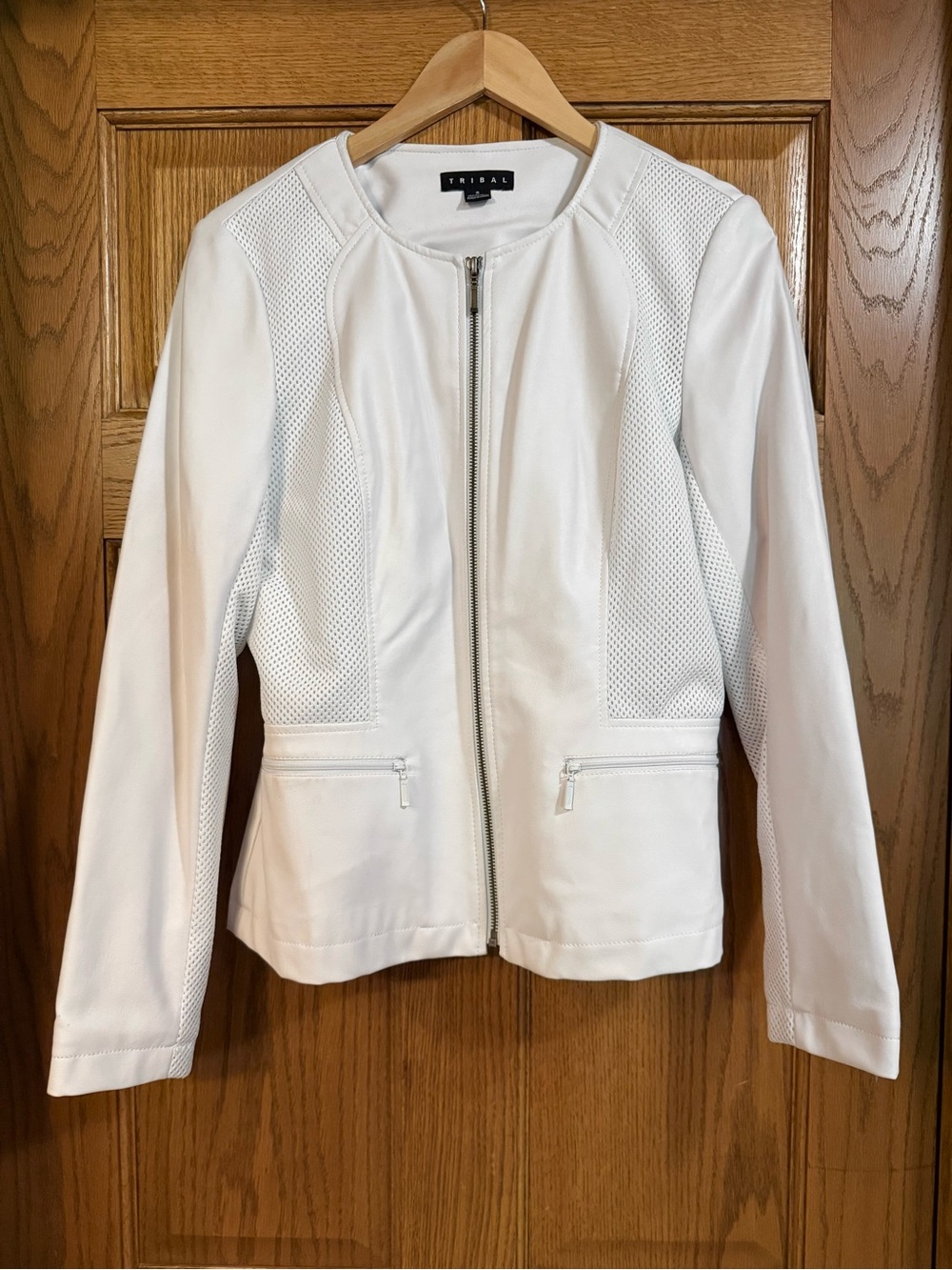 Tribal White Perforated Faux Leather Zip Jacket - Size 6